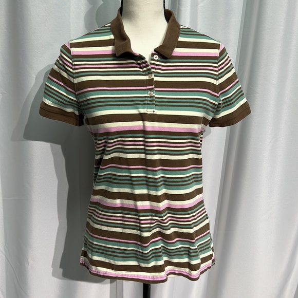 Eddie Bauer Aqua, Brown, Pink & Cream Striped Short Sleeve Polo - size Small - Picture 8 of 14